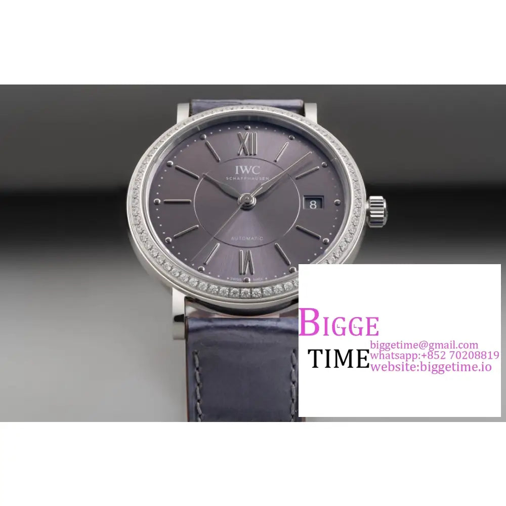 Iwc Portofino 37Mm Ladies Diamond Bezel Grey Dial Leather Strap V7F A2892 Iwc