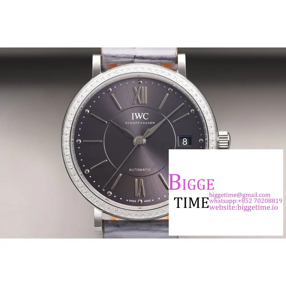 Iwc Portofino 37Mm Ladies Diamond Bezel Grey Dial Leather Strap V7F A2892 Iwc