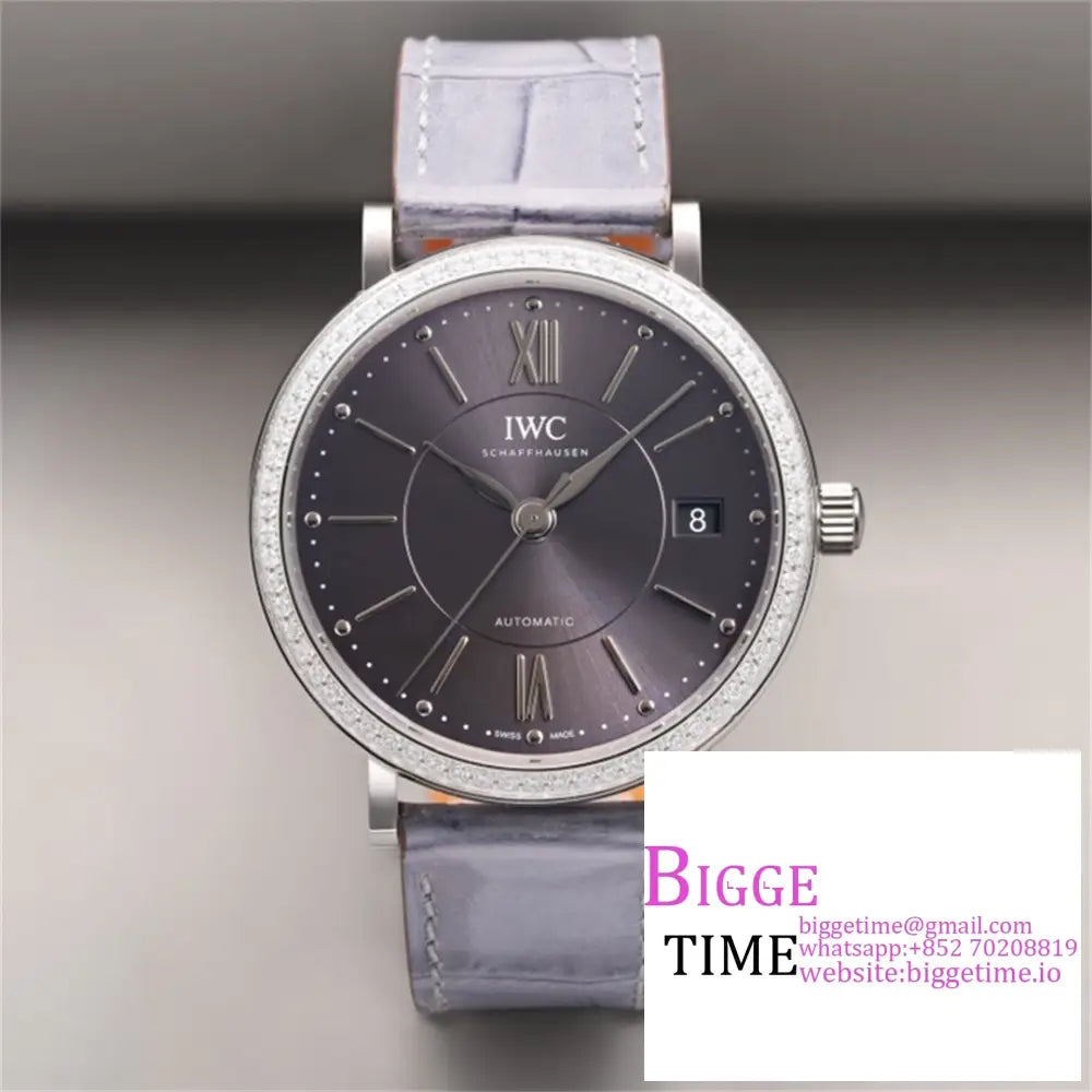 Iwc Portofino 37Mm Ladies Diamond Bezel Grey Dial Leather Strap V7F A2892 Option1 Iwc