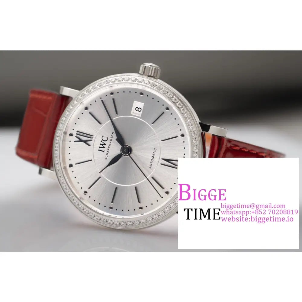 Iwc Portofino 37Mm Ladies Diamond Bezel Silver Dial Orange Leather Strap V7F A2892 Iwc