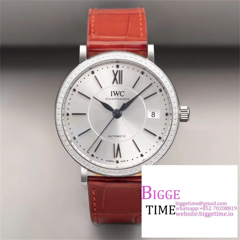 Iwc Portofino 37Mm Ladies Diamond Bezel Silver Dial Orange Leather Strap V7F A2892 Option1 Iwc