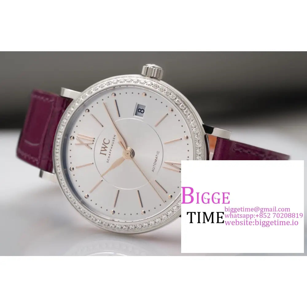 Iwc Portofino 37Mm Ladies Diamond Bezel Silver Dial Red Leather Strap V7F A2892 Iwc