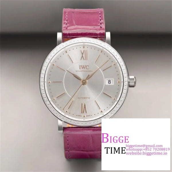 Iwc Portofino 37Mm Ladies Diamond Bezel Silver Dial Red Leather Strap V7F A2892 Option1 Iwc