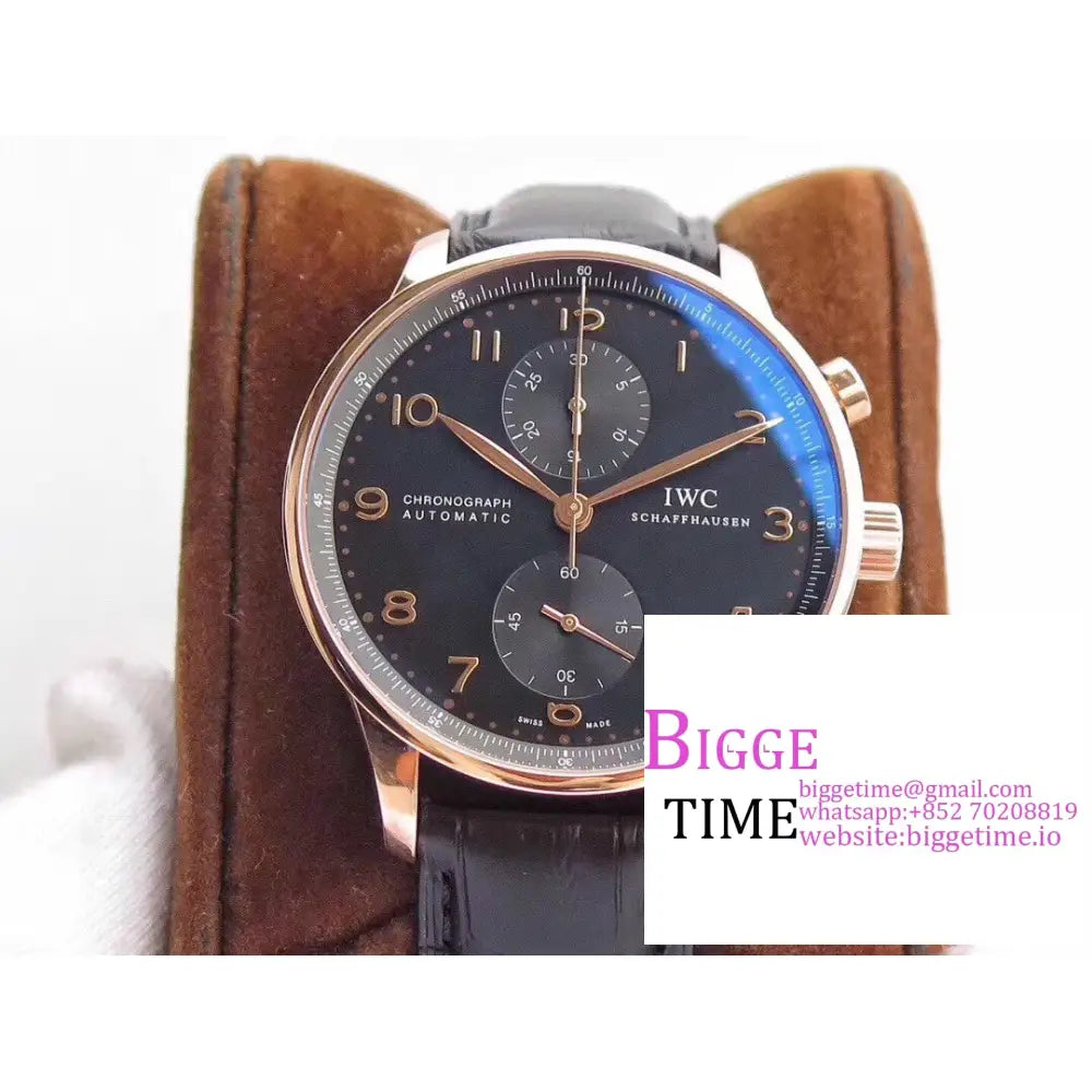 Iwc Portugieser Chrono 41Mm Iw371482 Rg Black Dial Brown Leather Strap Zf A7750 Iwc