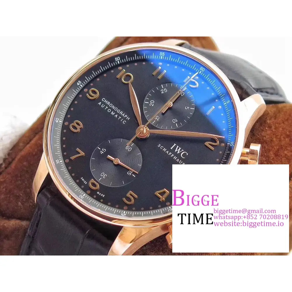 Iwc Portugieser Chrono 41Mm Iw371482 Rg Black Dial Brown Leather Strap Zf A7750 Iwc