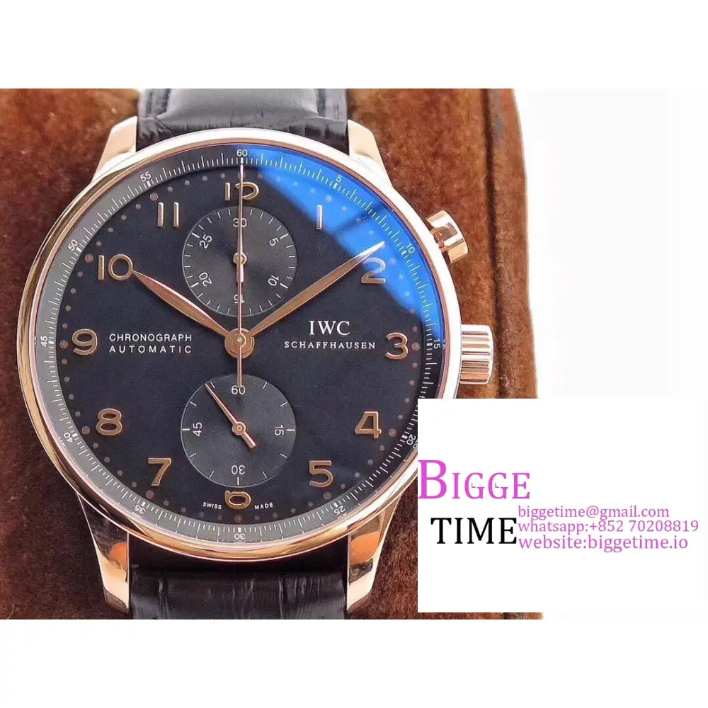 Iwc Portugieser Chrono 41Mm Iw371482 Rg Black Dial Brown Leather Strap Zf A7750 Iwc