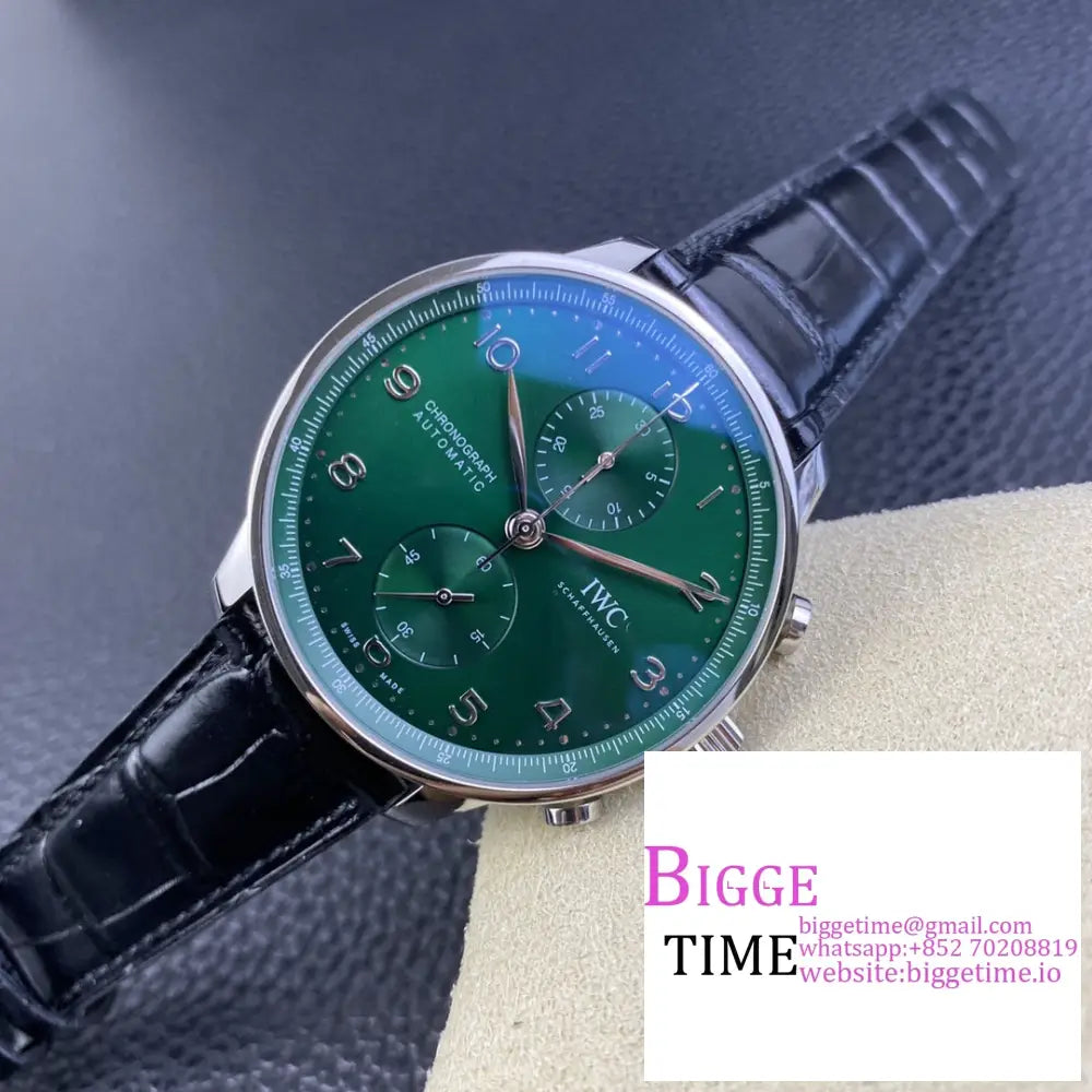 Iwc Portugieser Chrono 41Mm Iw371615 Green Dial Black Leather Strap Zf A7750 Iwc