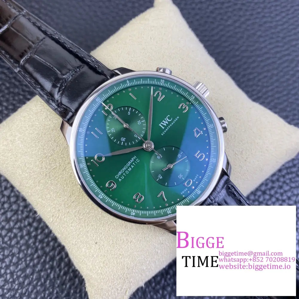 Iwc Portugieser Chrono 41Mm Iw371615 Green Dial Black Leather Strap Zf A7750 Iwc