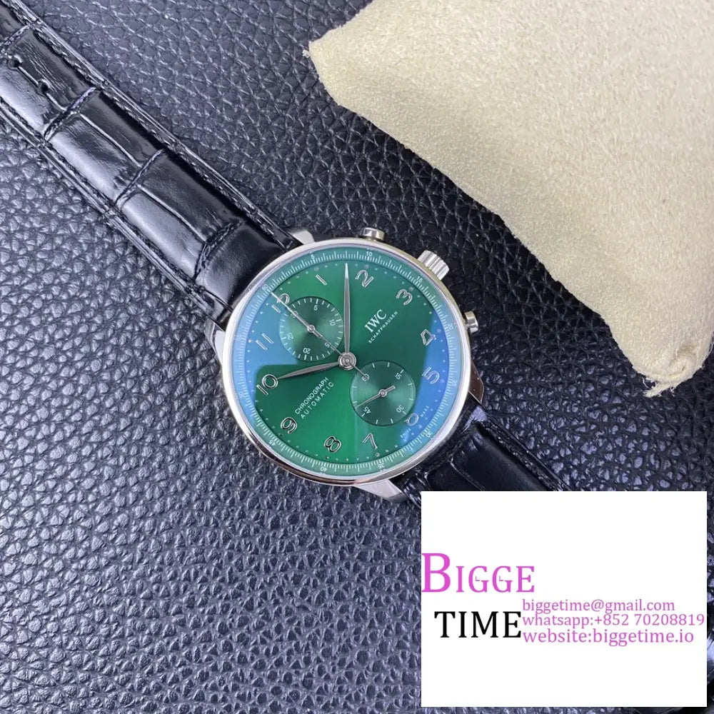 Iwc Portugieser Chrono 41Mm Iw371615 Green Dial Black Leather Strap Zf A7750 Iwc