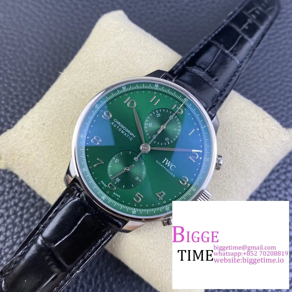 Iwc Portugieser Chrono 41Mm Iw371615 Green Dial Black Leather Strap Zf A7750 Iwc