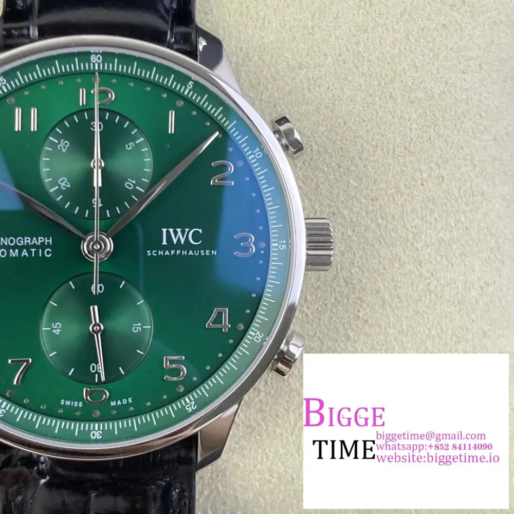 Iwc Portugieser Chrono 41Mm Iw371615 Green Dial Black Leather Strap Zf A7750 Iwc