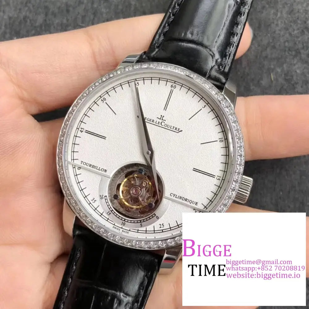 Master Uitra Tourbiiion 42Mm Diamond Bezel White Dial Black Leather Strap R8F Tourb Jaeger Lecoultre