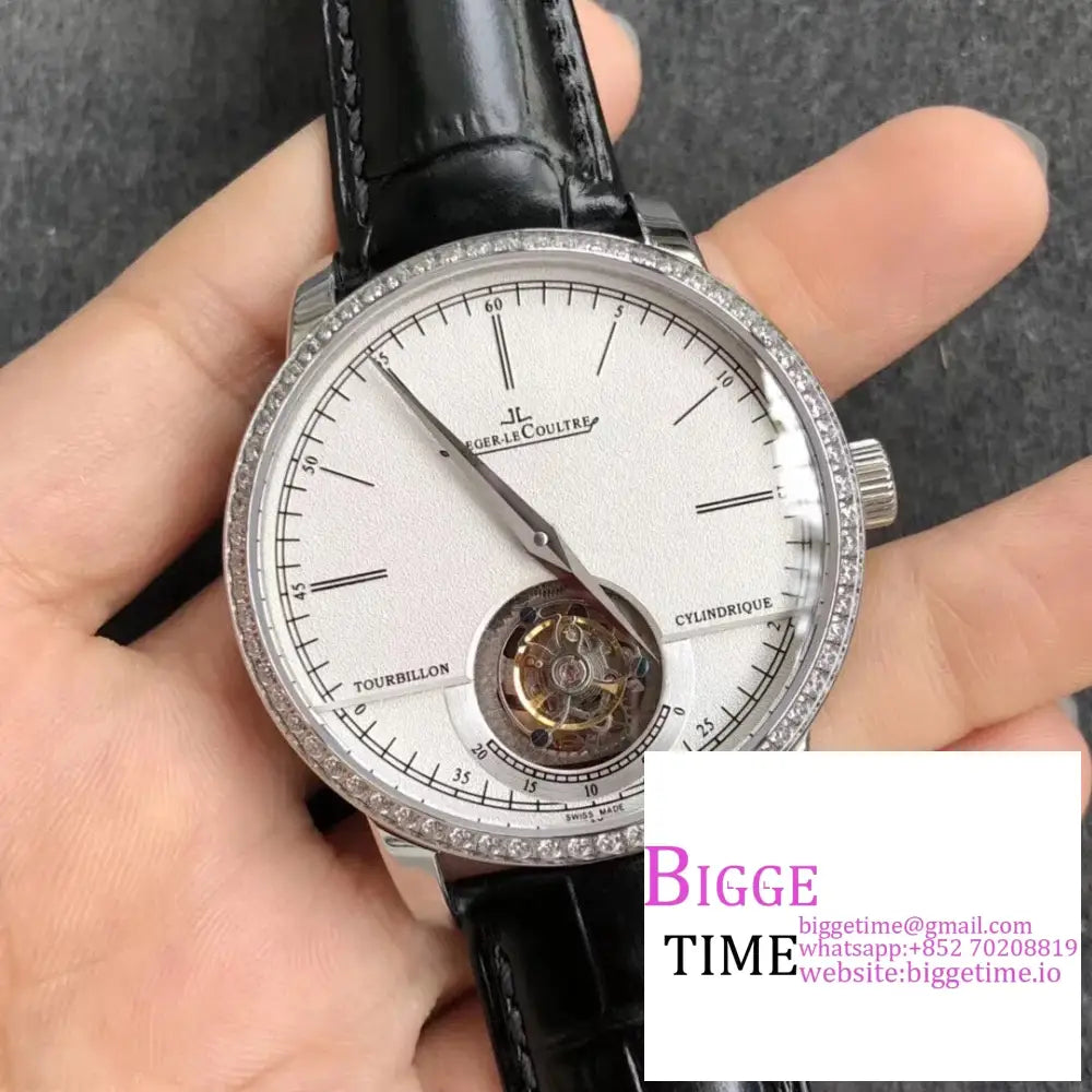 Master Uitra Tourbiiion 42Mm Diamond Bezel White Dial Black Leather Strap R8F Tourb Jaeger Lecoultre