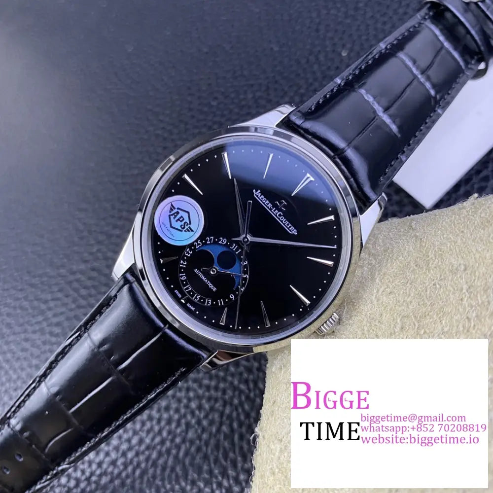 Master Ultra Thin Moon 39Mm Black Dial Leather Strap Apsf A925 Jaeger Lecoultre