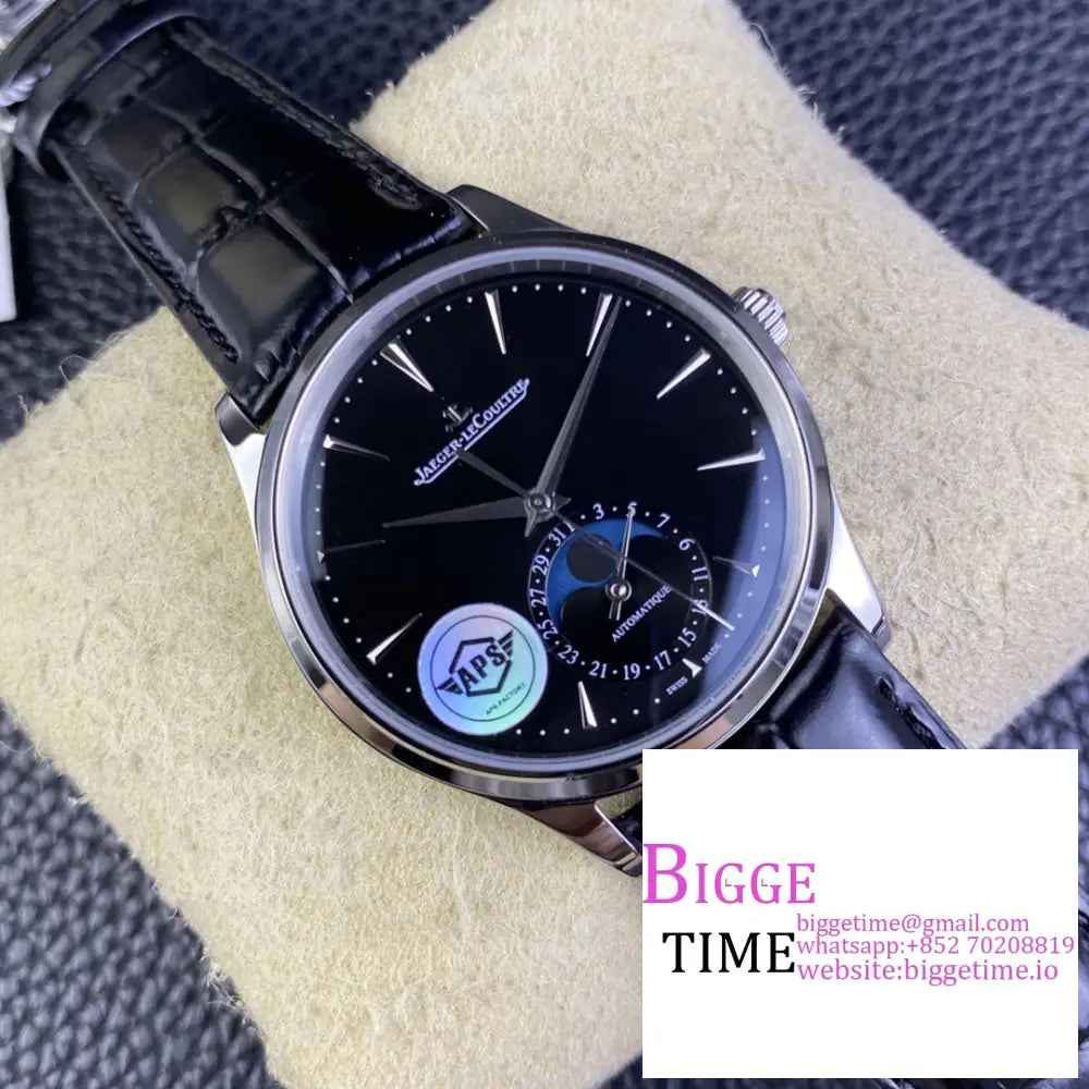 Master Ultra Thin Moon 39Mm Black Dial Leather Strap Apsf A925 Jaeger Lecoultre