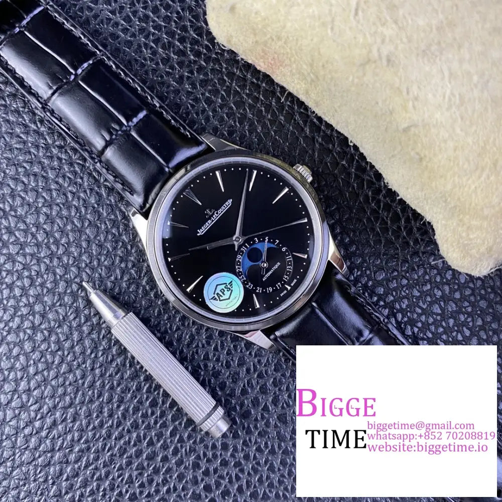 Master Ultra Thin Moon 39Mm Black Dial Leather Strap Apsf A925 Jaeger Lecoultre