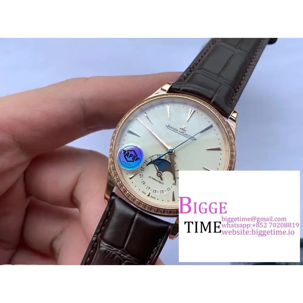 Master Ultra Thin Moon 39Mm Diamond Bezel Rg White Dial Brown Leather Strap Apsf A925 Jaeger