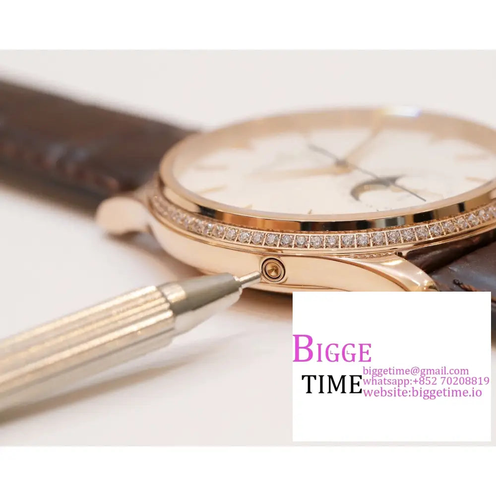 Master Ultra Thin Moon 39Mm Diamond Bezel Rg White Dial Brown Leather Strap Gf A925 Jaeger Lecoultre