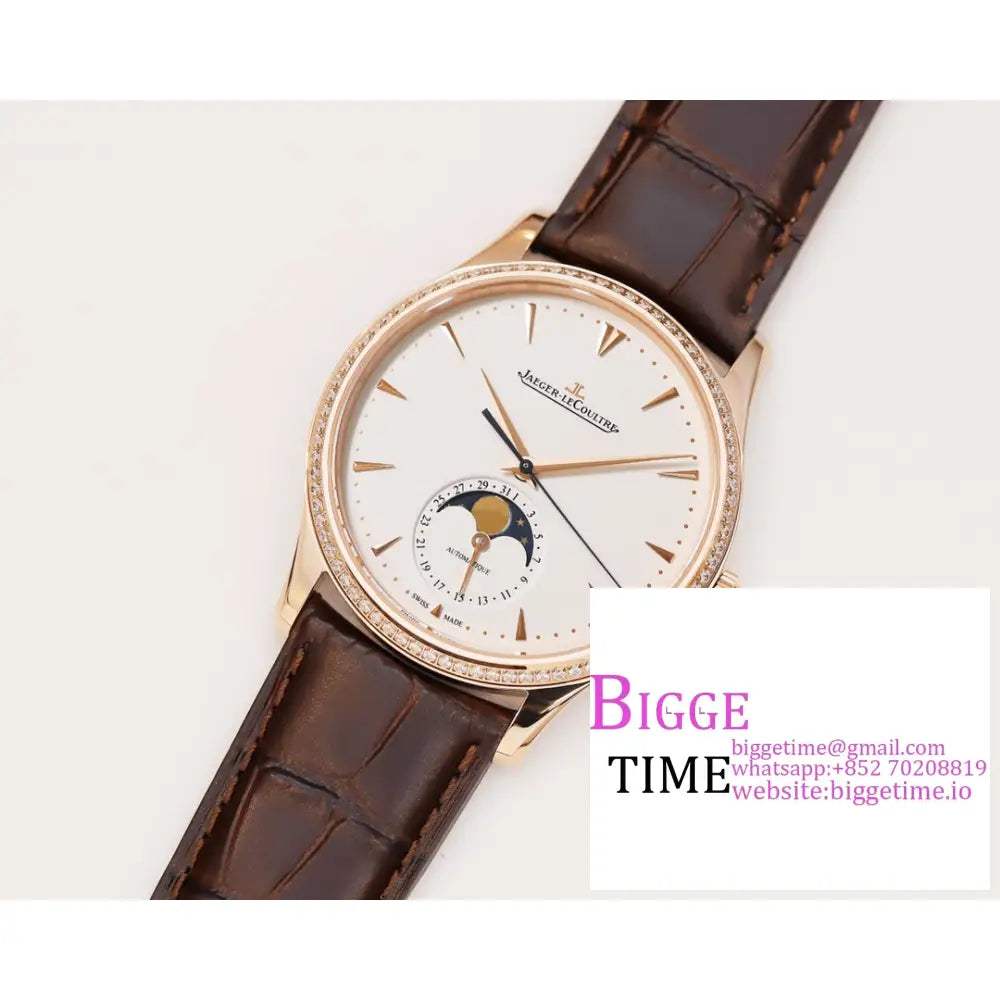 Master Ultra Thin Moon 39Mm Diamond Bezel Rg White Dial Brown Leather Strap Gf A925 Jaeger Lecoultre