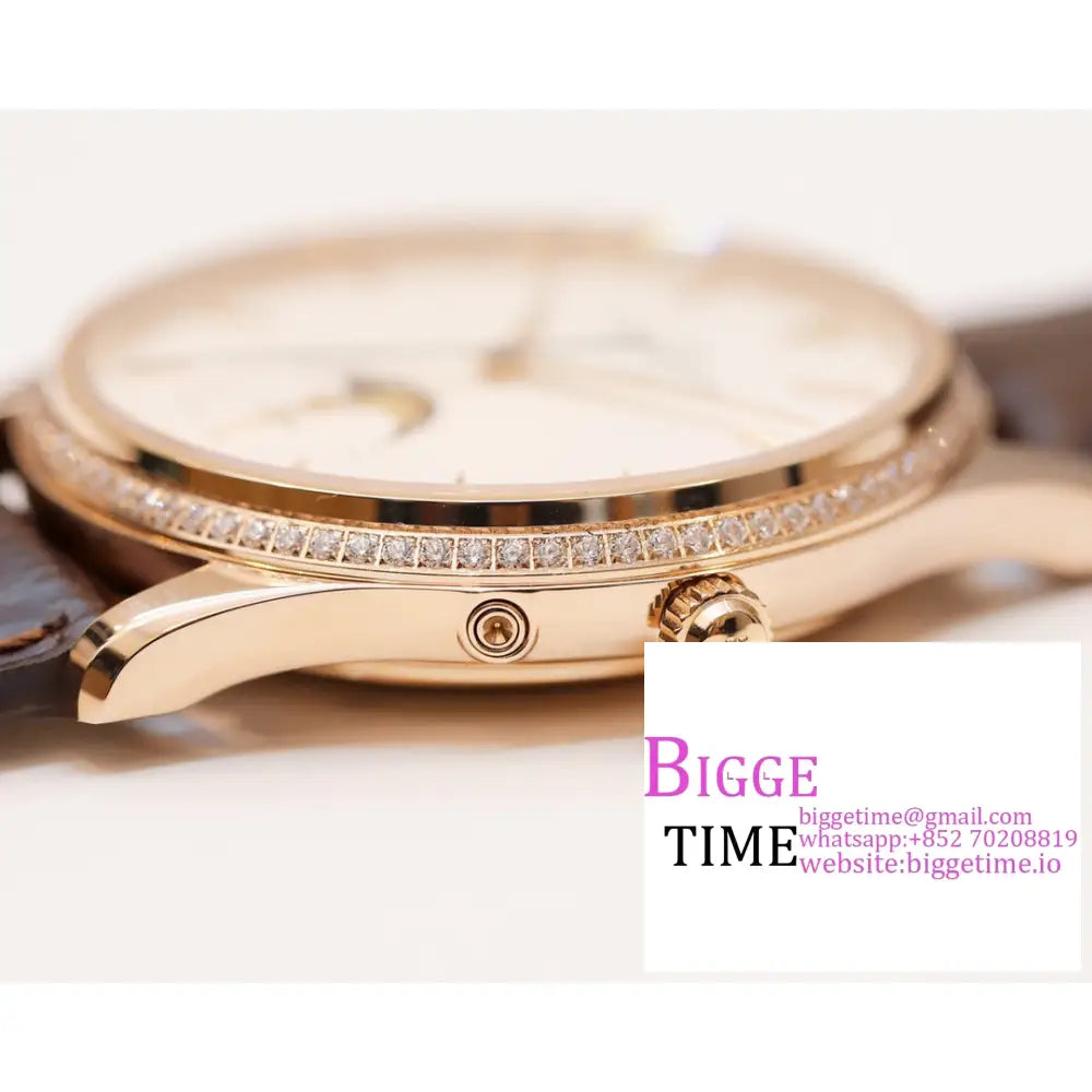 Master Ultra Thin Moon 39Mm Diamond Bezel Rg White Dial Brown Leather Strap Gf A925 Jaeger Lecoultre