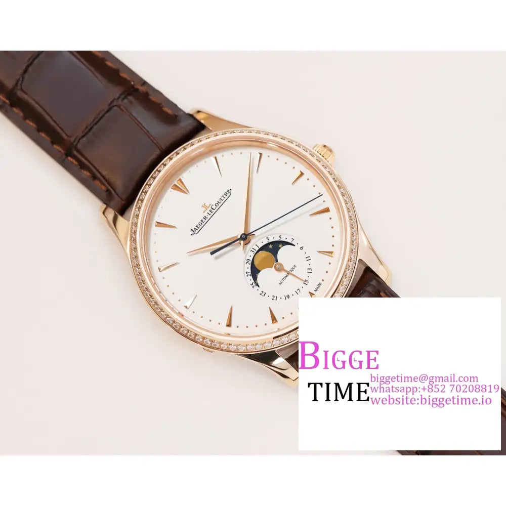 Master Ultra Thin Moon 39Mm Diamond Bezel Rg White Dial Brown Leather Strap Gf A925 Jaeger Lecoultre