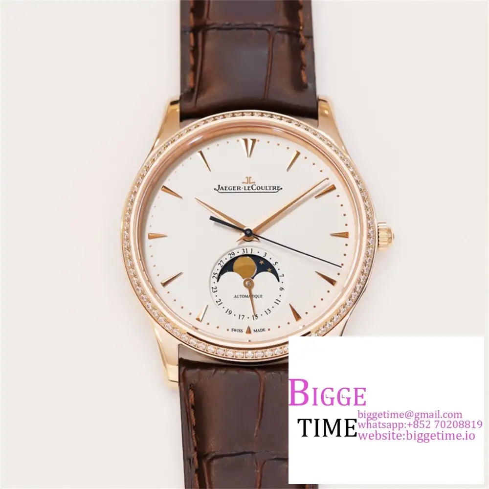 Master Ultra Thin Moon 39Mm Diamond Bezel Rg White Dial Brown Leather Strap Gf A925 Option1 Jaeger