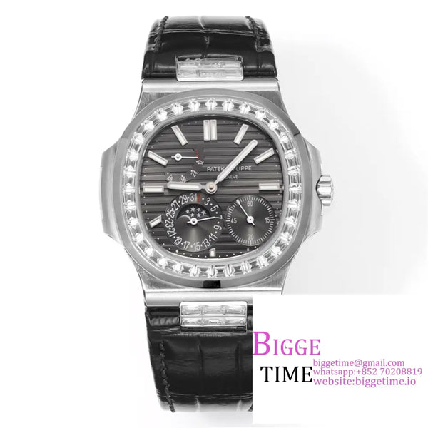 Nautilus 5724 40Mm Diamond Bezel Grey Dial Black Leather Strap Grf A240Sc Option1 Patek Philippe