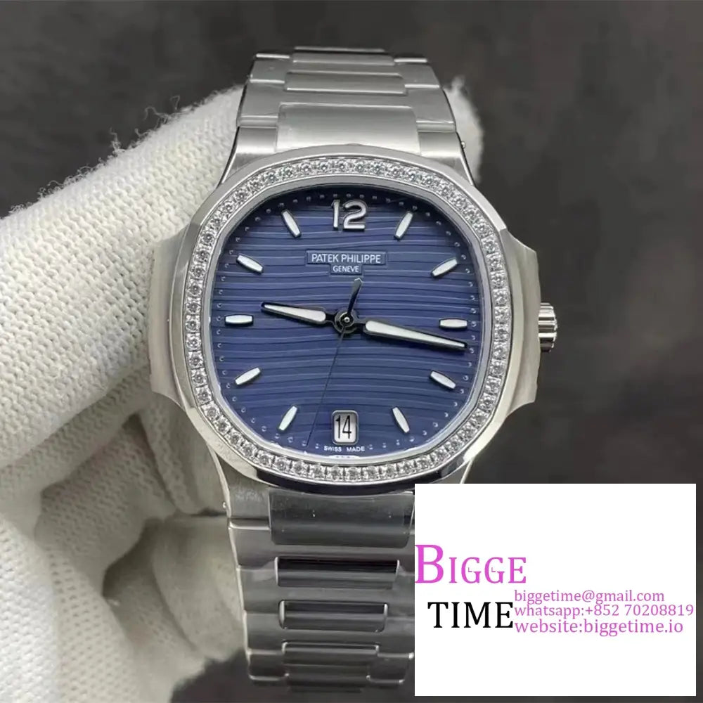 Nautilus 7118 35.2Mm Ladies Diamond Bezel Blue Dial Ss Bracelet 3Kf A324Sc Option1 Patek Philippe