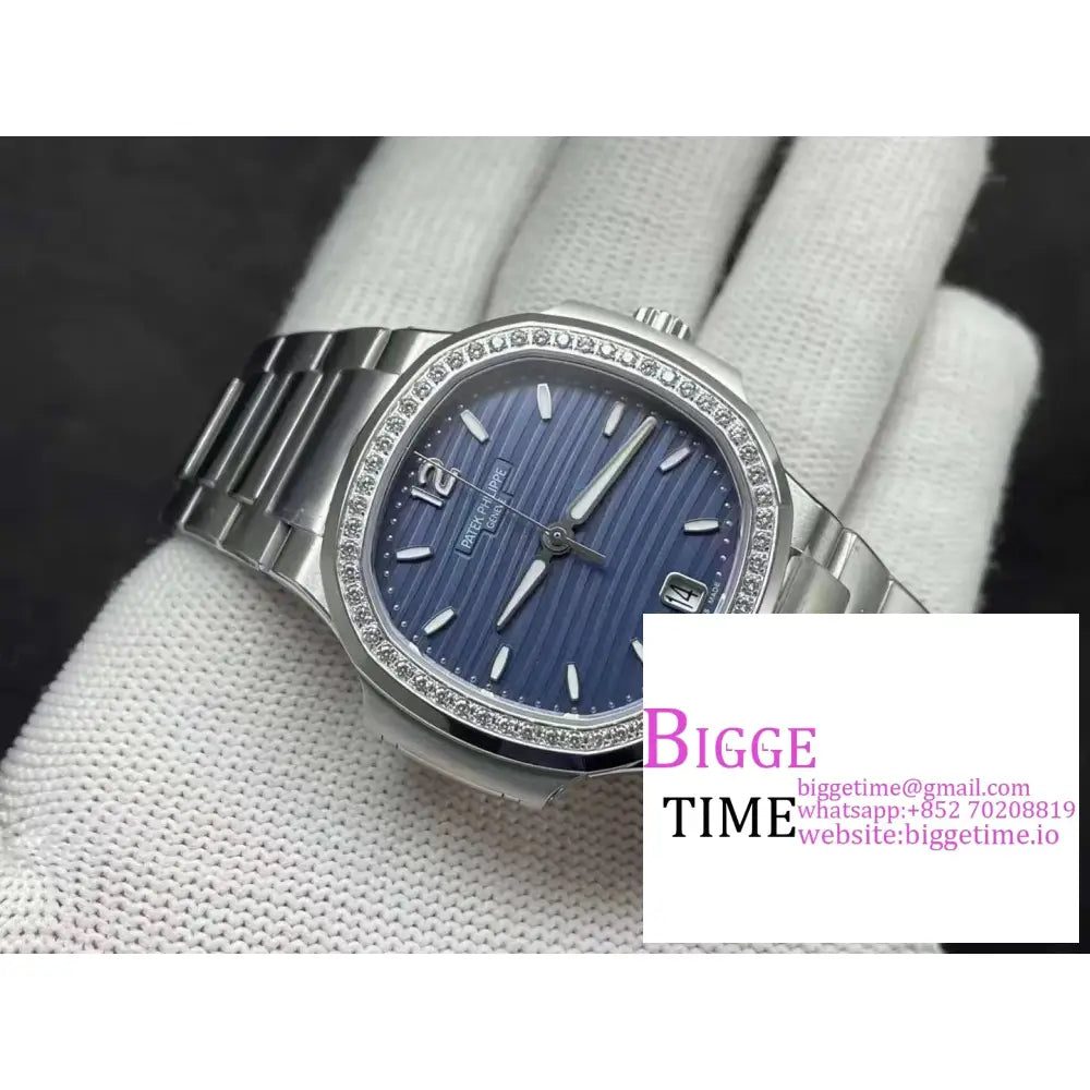 Nautilus 7118 35.2Mm Ladies Diamond Bezel Blue Dial Ss Bracelet 3Kf A324Sc Patek Philippe