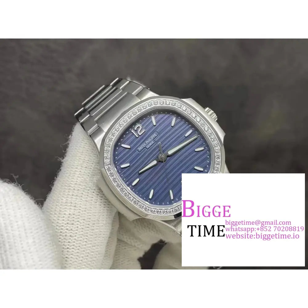 Nautilus 7118 35.2Mm Ladies Diamond Bezel Blue Dial Ss Bracelet 3Kf A324Sc Patek Philippe