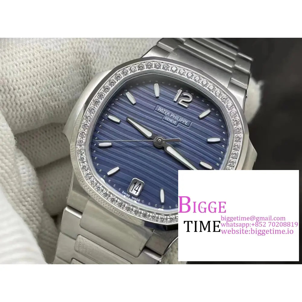 Nautilus 7118 35.2Mm Ladies Diamond Bezel Blue Dial Ss Bracelet 3Kf A324Sc Patek Philippe