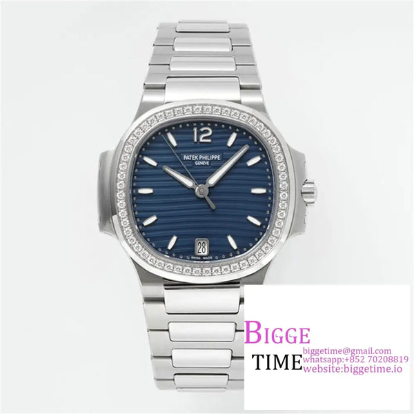 Nautilus 7118 35.2Mm Ladies Diamond Bezel Blue Dial Ss Bracelet Ppf A324Sc Option1 Patek Philippe