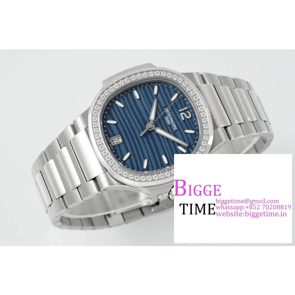 Nautilus 7118 35.2Mm Ladies Diamond Bezel Blue Dial Ss Bracelet Ppf A324Sc Patek Philippe