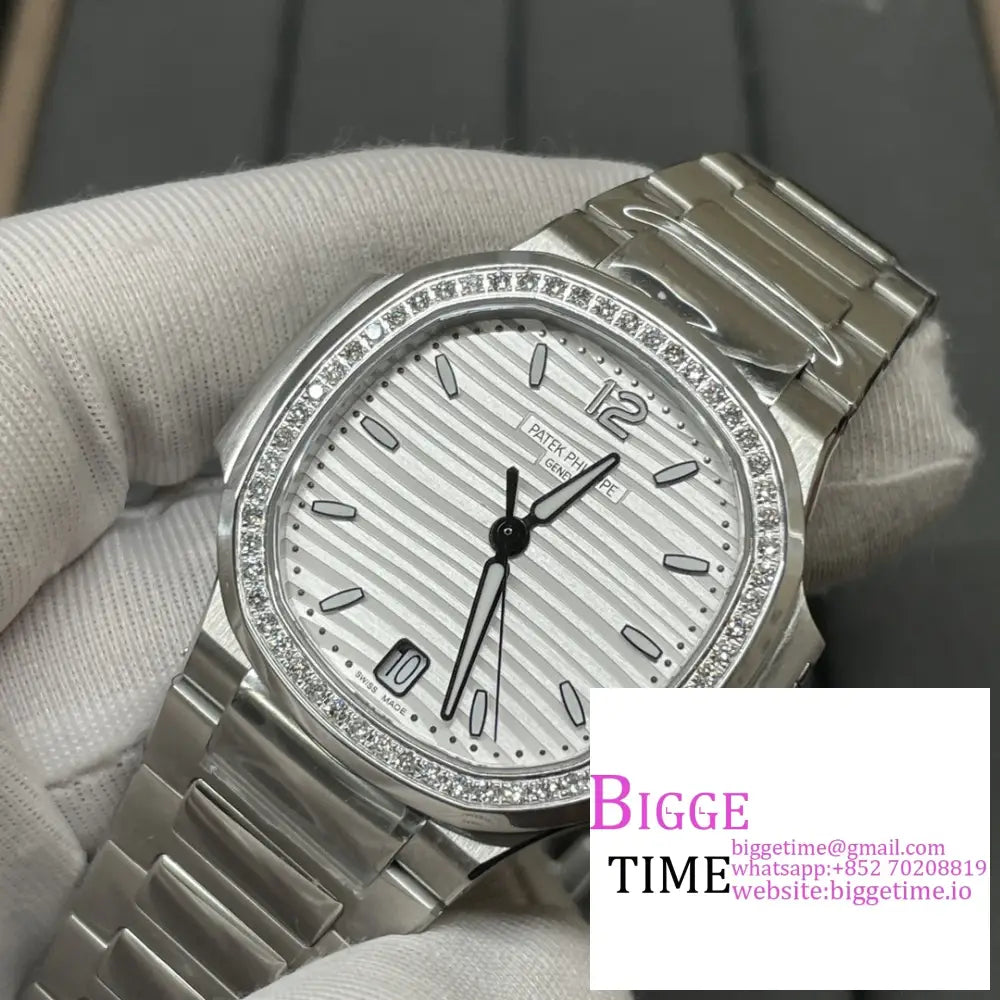 Nautilus 7118 35.2Mm Ladies Diamond Bezel White Dial Ss Bracelet 3Kf A324Sc Patek Philippe