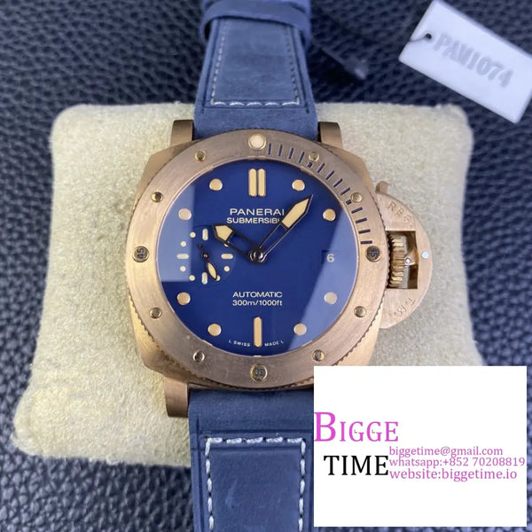 Pam1074 42Mm Submersible Bronze Blue Dial Leather Strap Vsf P9000 Option1 Panerai