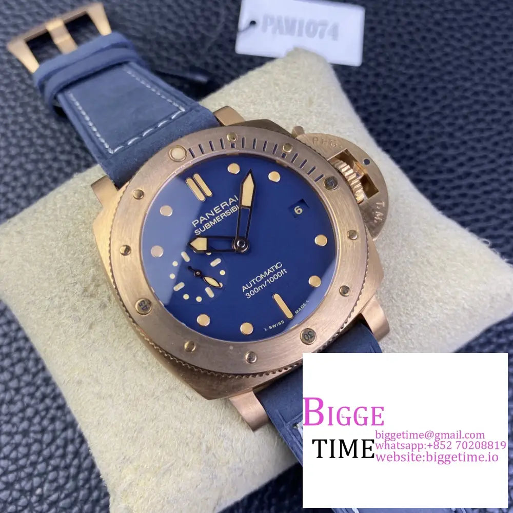 Pam1074 42Mm Submersible Bronze Blue Dial Leather Strap Vsf P9000 Panerai