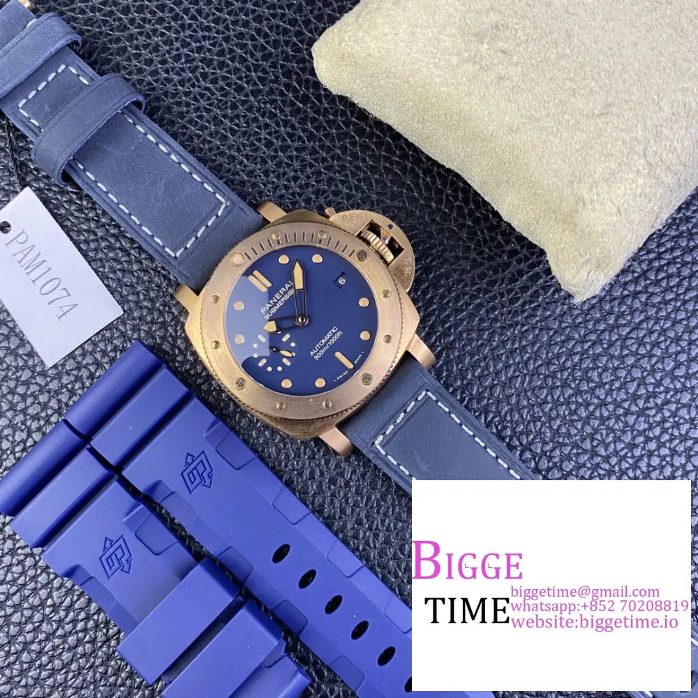 Pam1074 42Mm Submersible Bronze Blue Dial Leather Strap Vsf P9000 Panerai