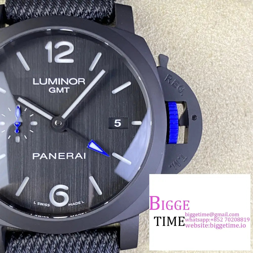 Pam1176 44Mm Luminor Gmt Bucherer Blue Black Dial Nylon Strap Vsf P9010 Panerai