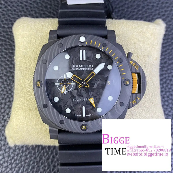 Pam1324 44Mm Submersible Gmt Carbon Blue Dial Black Rubber Strap Vsf P9000 Option1 Panerai