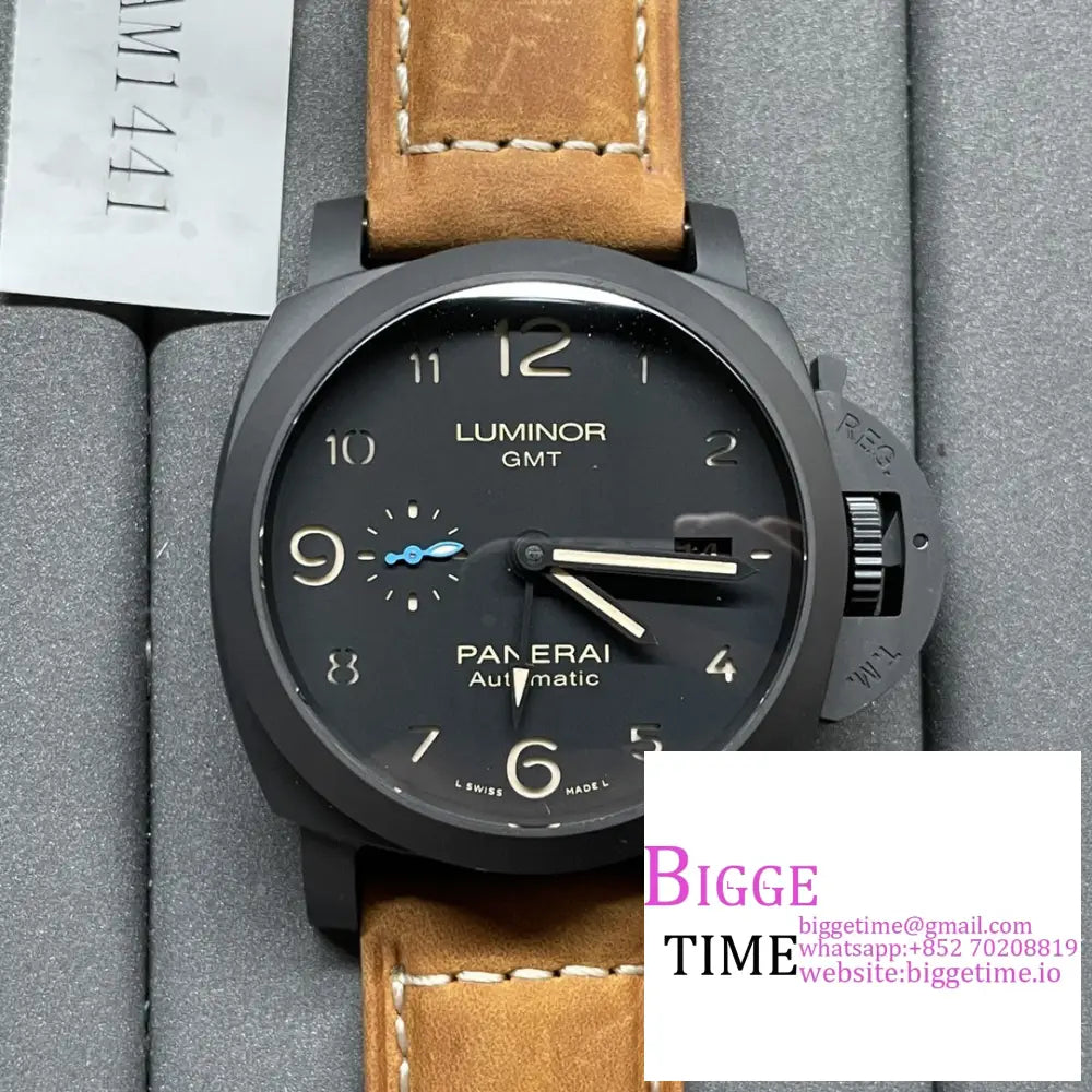 Pam1441 44Mm Luminor Gmt Carbon Black Dial Brown Leather Strap Vsf P9000 Option1 Panerai