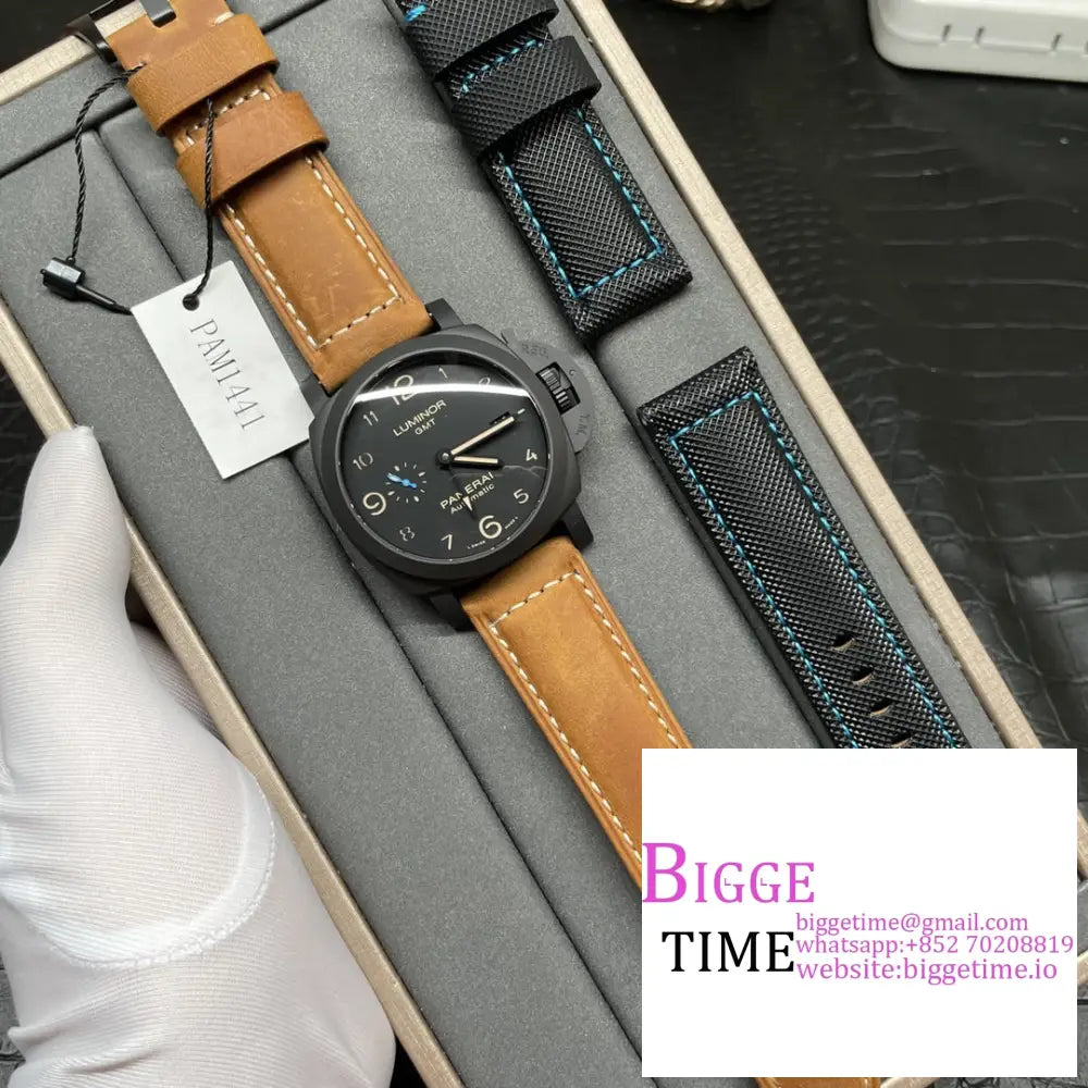 Pam1441 44Mm Luminor Gmt Carbon Black Dial Brown Leather Strap Vsf P9000 Panerai