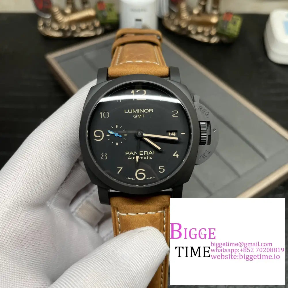 Pam1441 44Mm Luminor Gmt Carbon Black Dial Brown Leather Strap Vsf P9000 Panerai