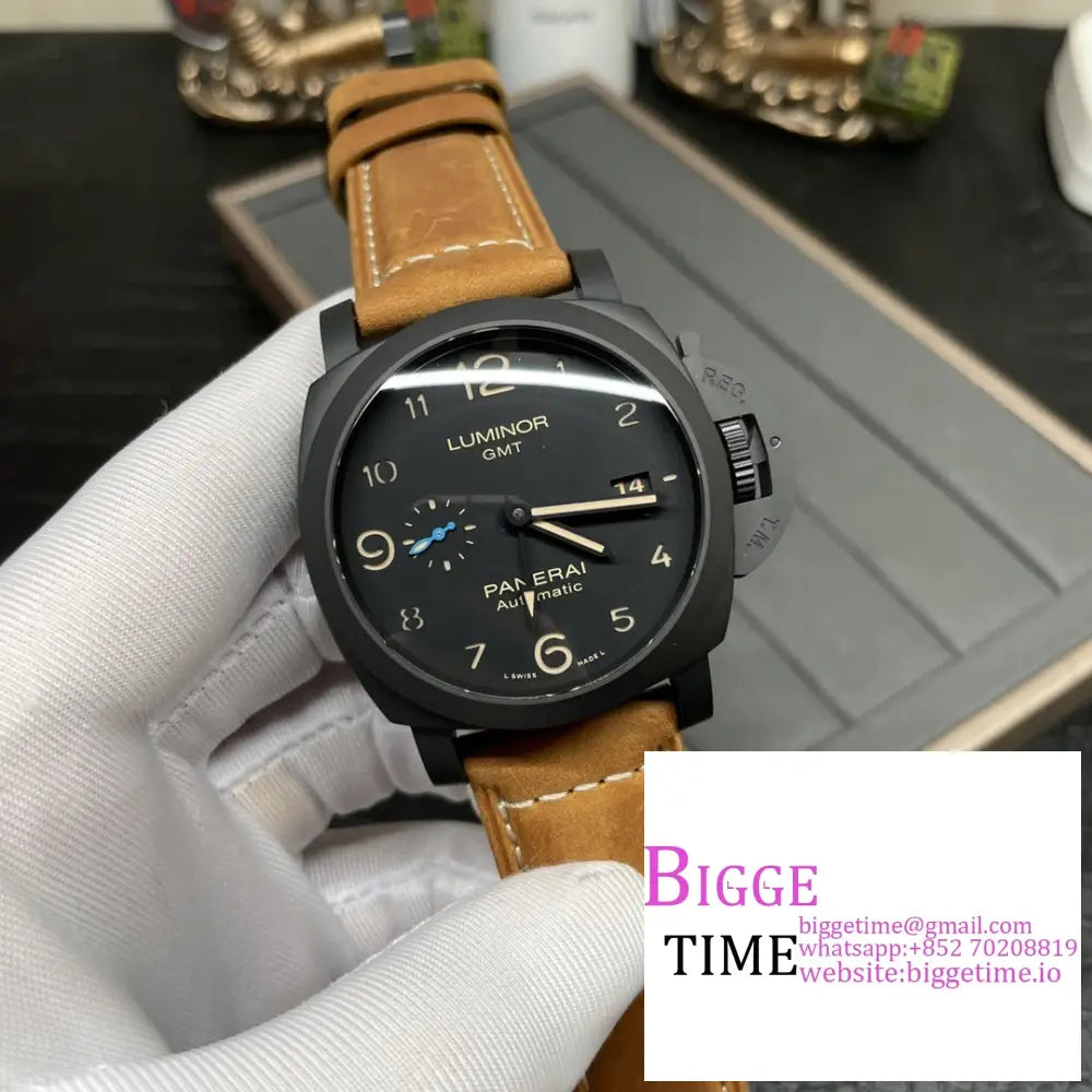 Pam1441 44Mm Luminor Gmt Carbon Black Dial Brown Leather Strap Vsf P9000 Panerai