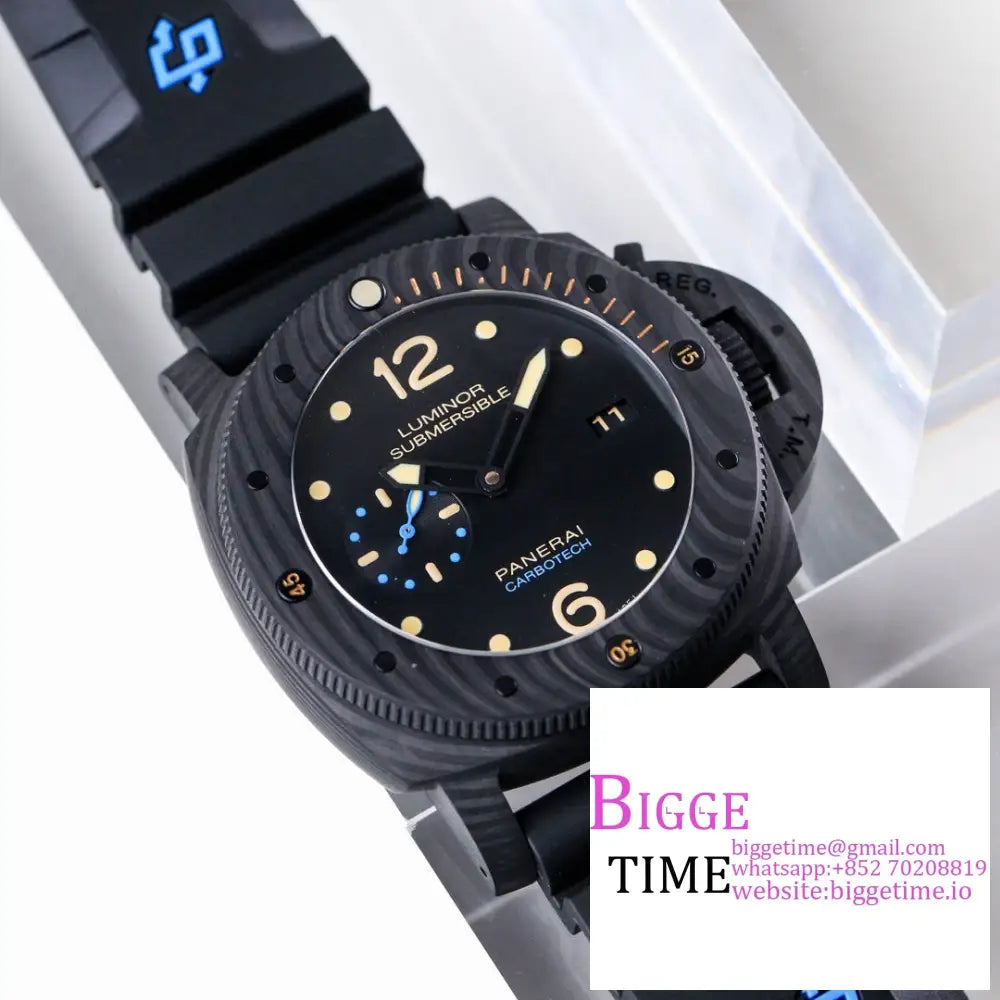 Pam616 47Mm Submersible Carbon Black Dial Rubber Strap Vsf P9000 Panerai