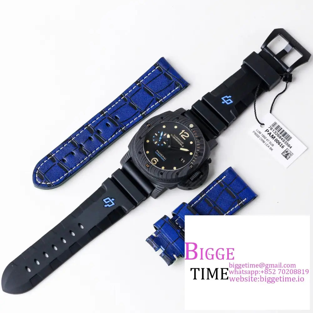 Pam616 47Mm Submersible Carbon Black Dial Rubber Strap Vsf P9000 Panerai