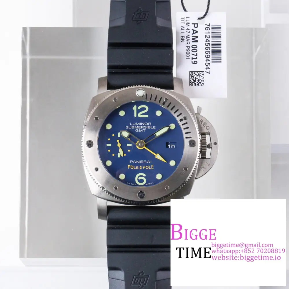 Pam719 47Mm Submersible Gmt Blue Dial Black Rubber Strap Vsf P9001 Panerai