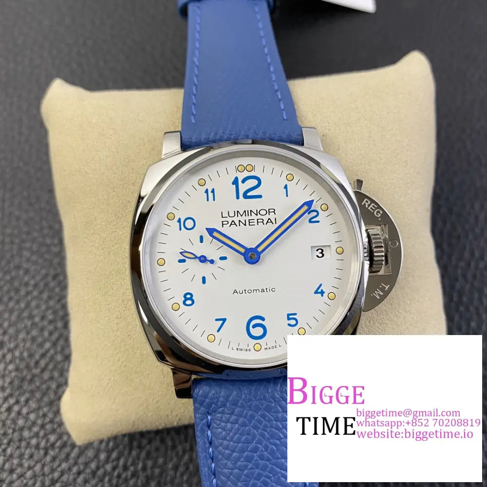 Pam906 42Mm Luminor Due White Dial Blue Leather Strap Vsf P9000 Option1 Panerai