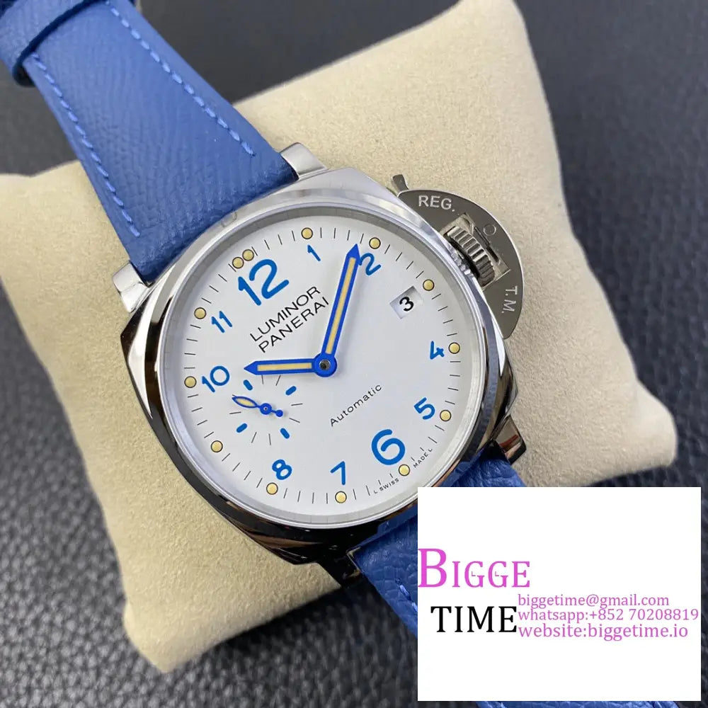 Pam906 42Mm Luminor Due White Dial Blue Leather Strap Vsf P9000 Panerai