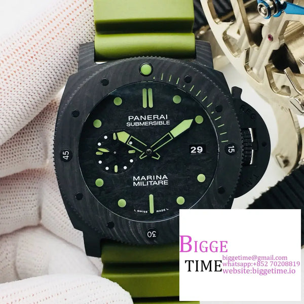 Pam961 47Mm Submersible Carbon Black Dial Green Rubber Strap Vsf P9000 Option1 Panerai