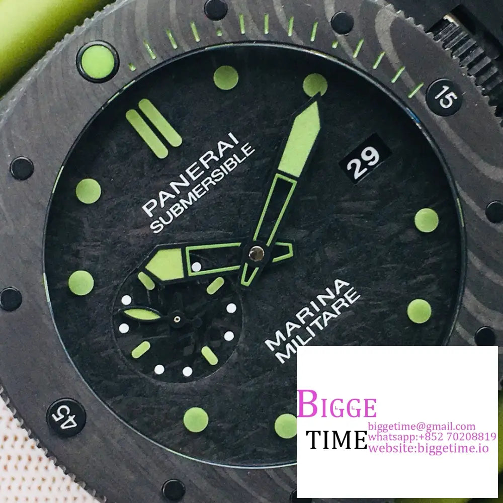 Pam961 47Mm Submersible Carbon Black Dial Green Rubber Strap Vsf P9000 Panerai